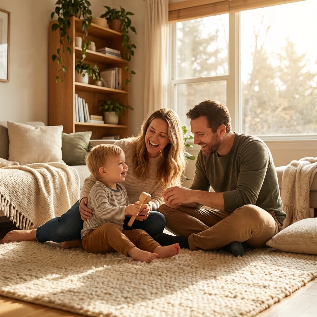 Famille heureuse dans une maison propre